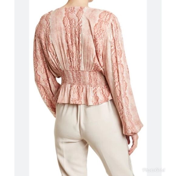 AFRM X Revolve The Olive Long Sleeve Smocked Crop Top In Soft Warm Snake Leopard - Picture 3 of 12